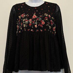 Boho Babydoll Zara Trafaluc Collection Black Embroidered Floral Top, Women's S